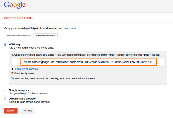 2 copy webmaster tools validation code