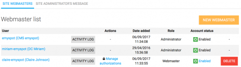 Manage webmaster authorizations